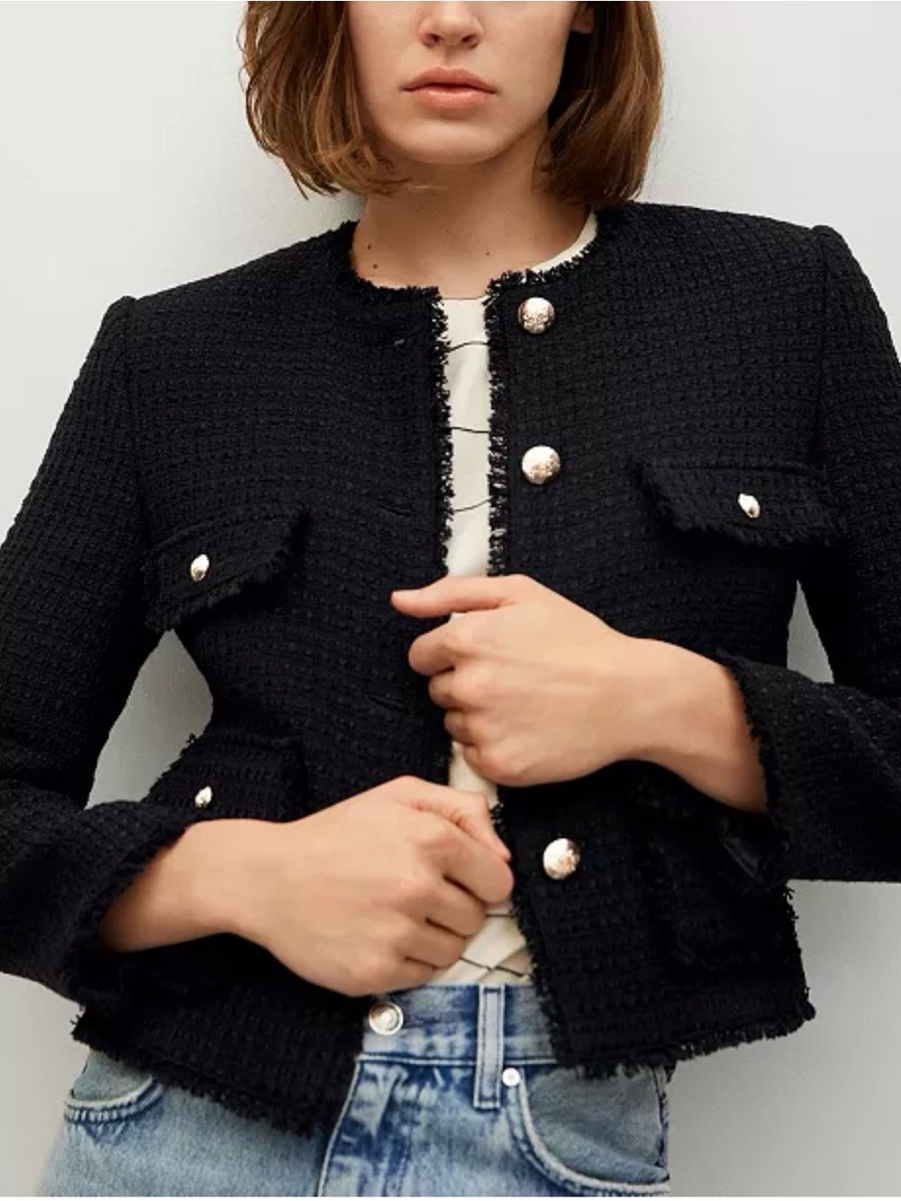 Mango Black Tweed Fringed Jacket with Gold Buttons